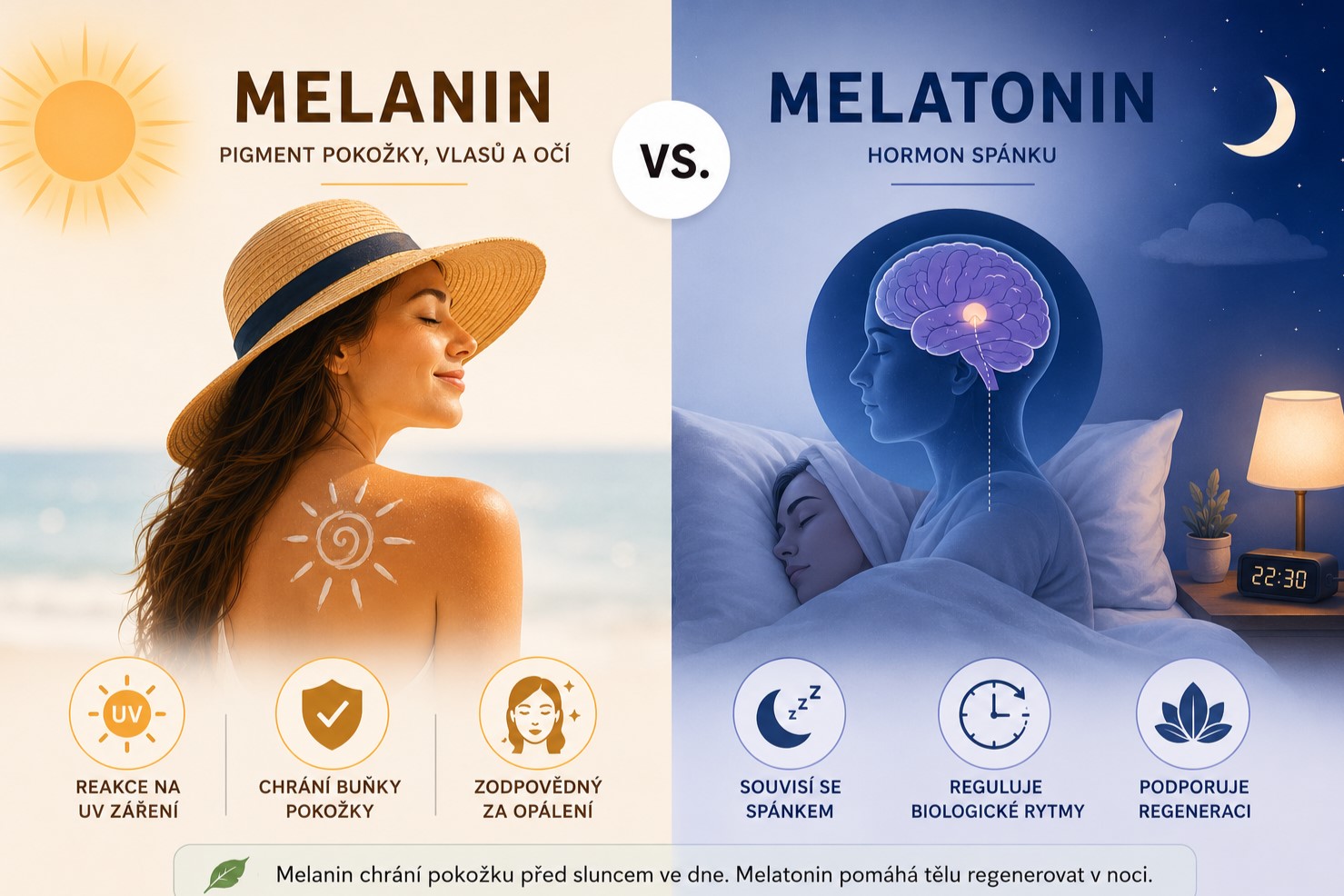 Rozdíl mezi melaninem a melatoninem: melanin ovlivňuje opálení a chrání pokožku před UV zářením, melatonin reguluje spánek, biologické rytmy a regeneraci těla.